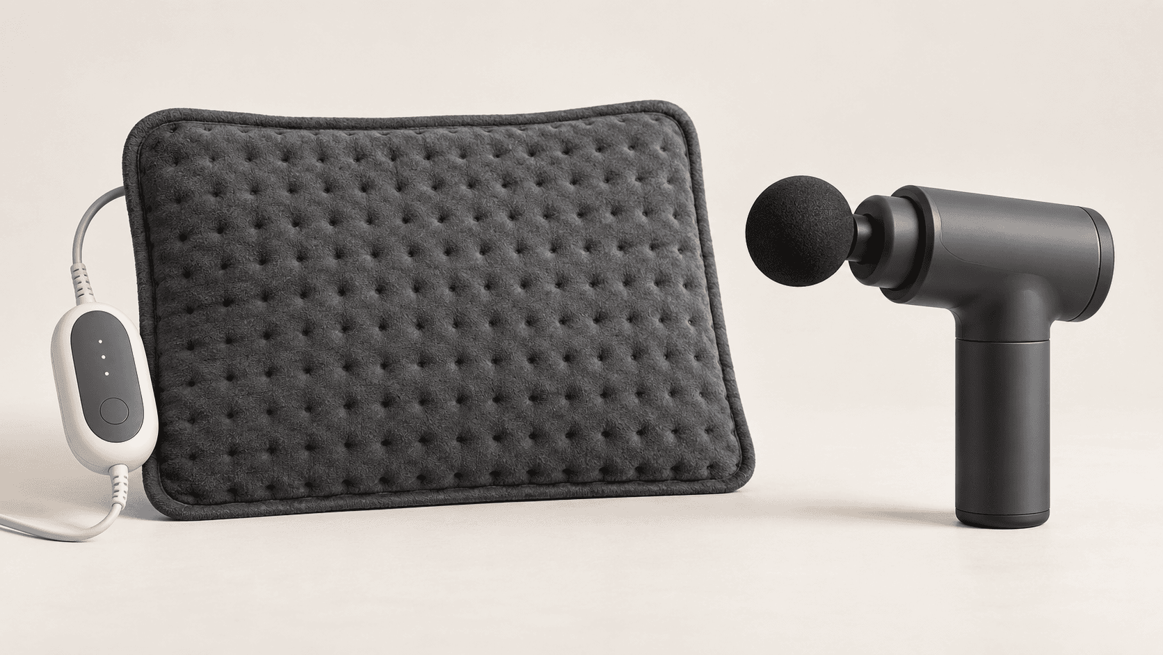 Generic electric heating pad beside a compact percussion massager