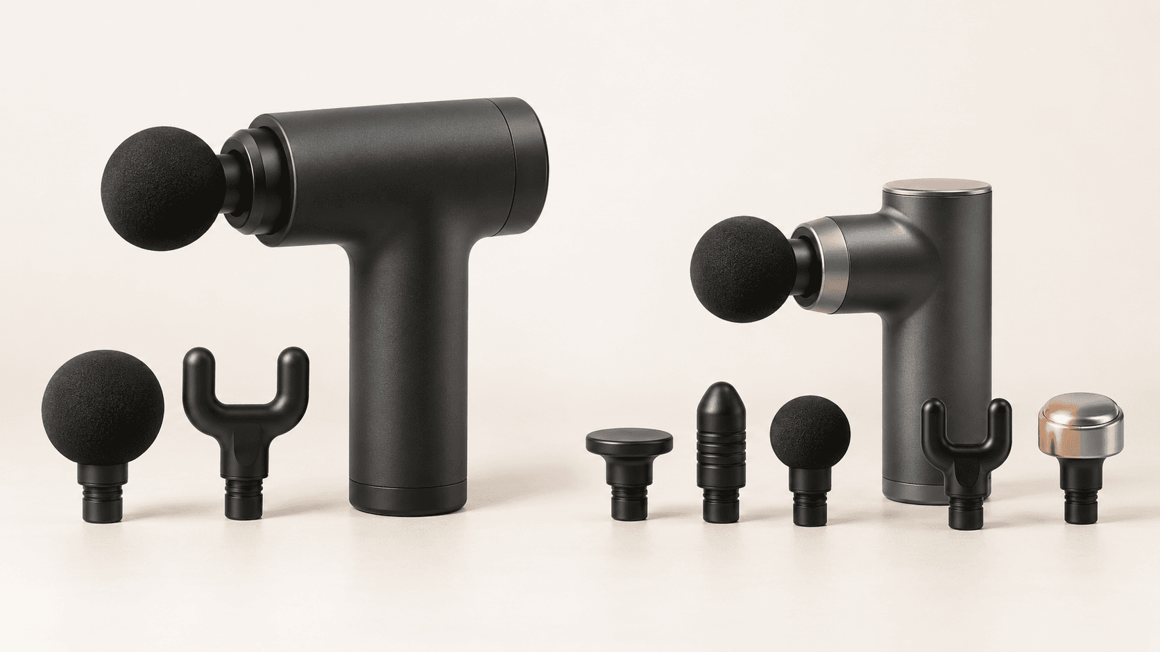 Two different generic compact percussion massagers with attachment heads