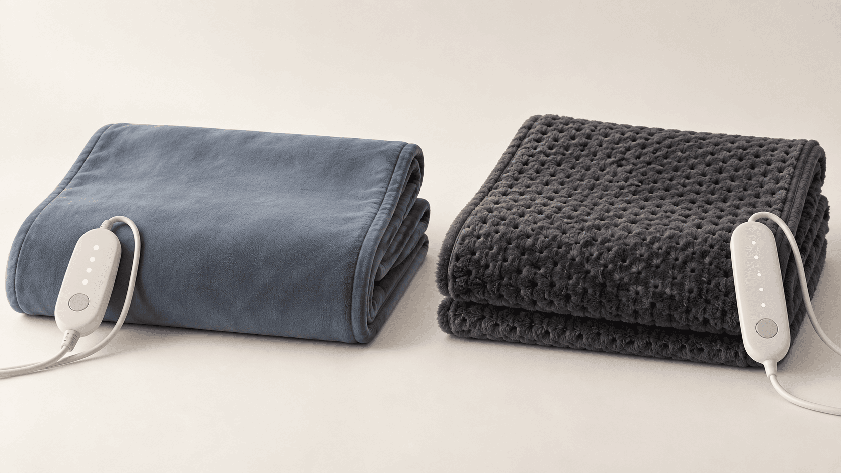 Two generic electric heating pads with different fabrics and controllers