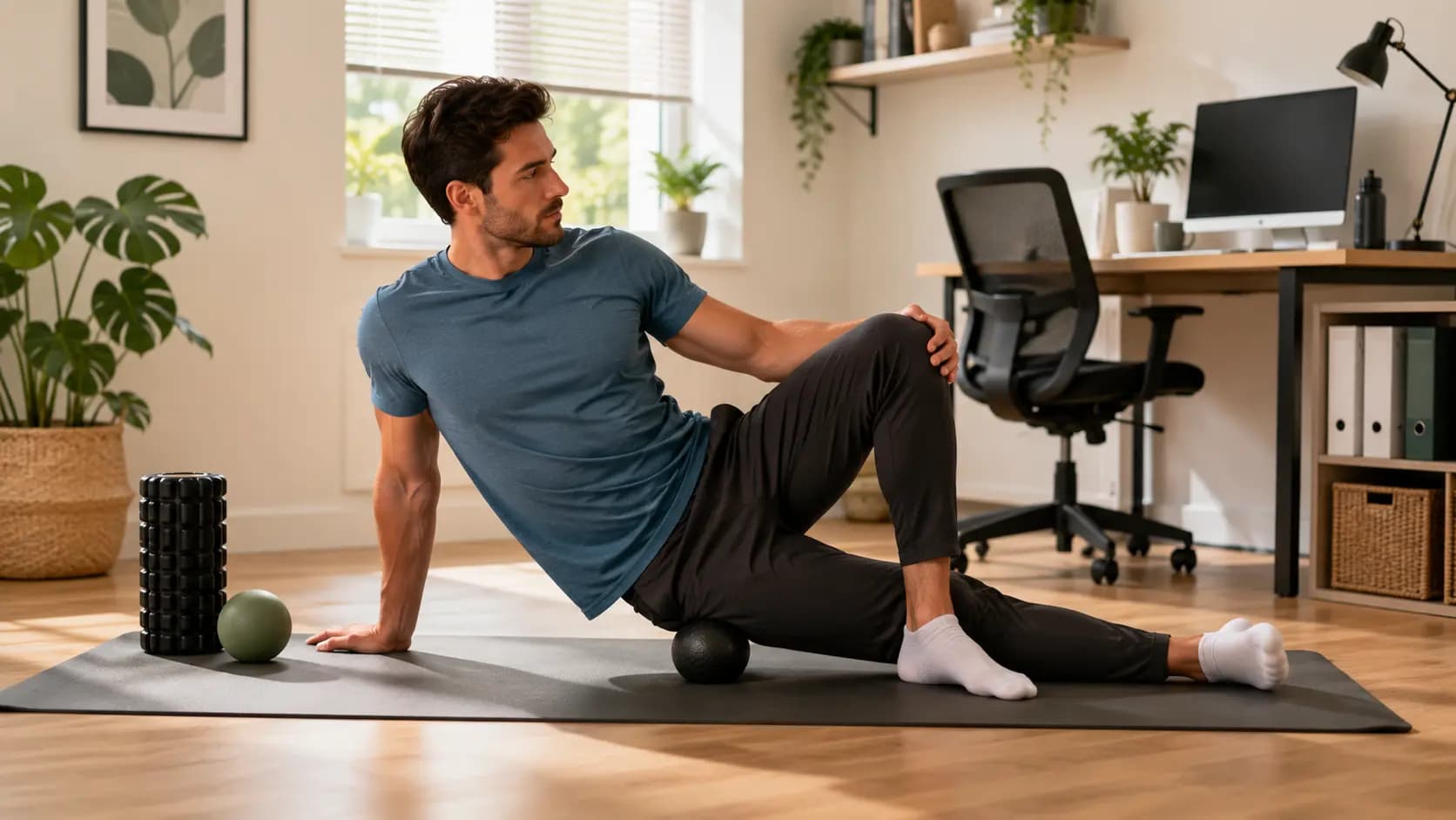 An adult performing a seated hip mobility movement beside a home-office desk