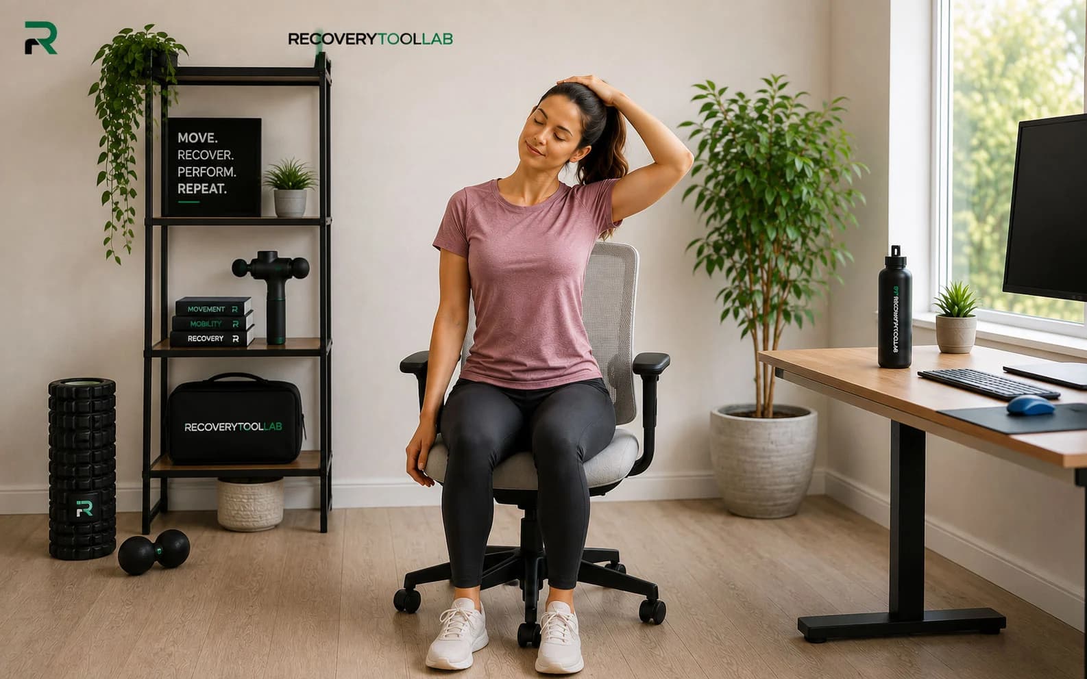 An adult practicing comfortable mobility near a desk