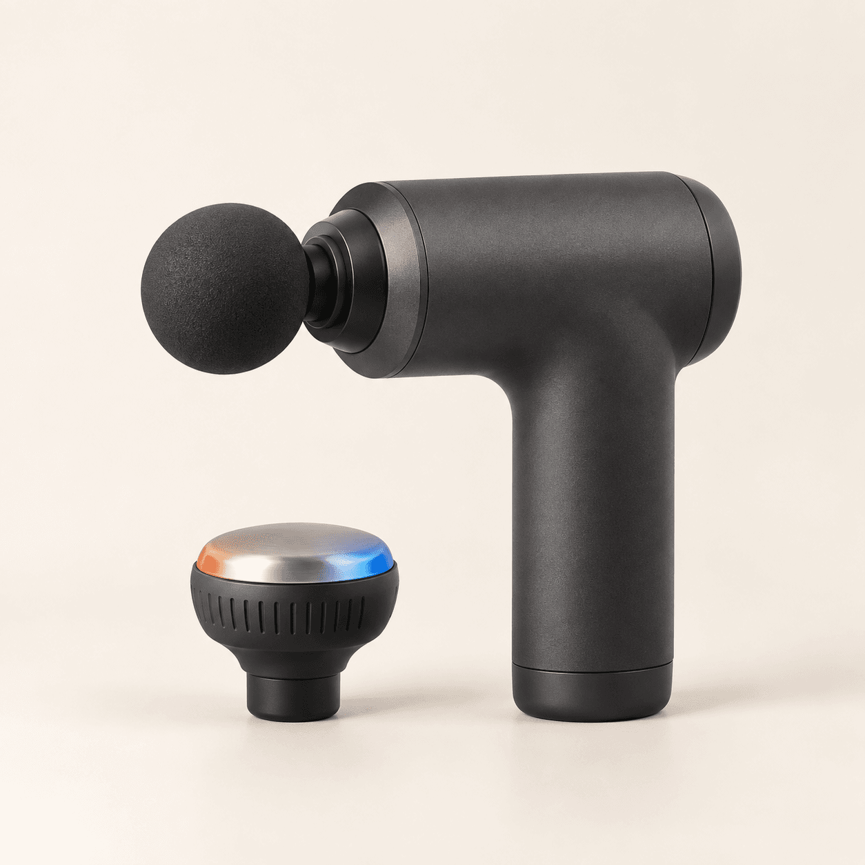Generic compact percussion massager with a warm and cool attachment shown as a category illustration