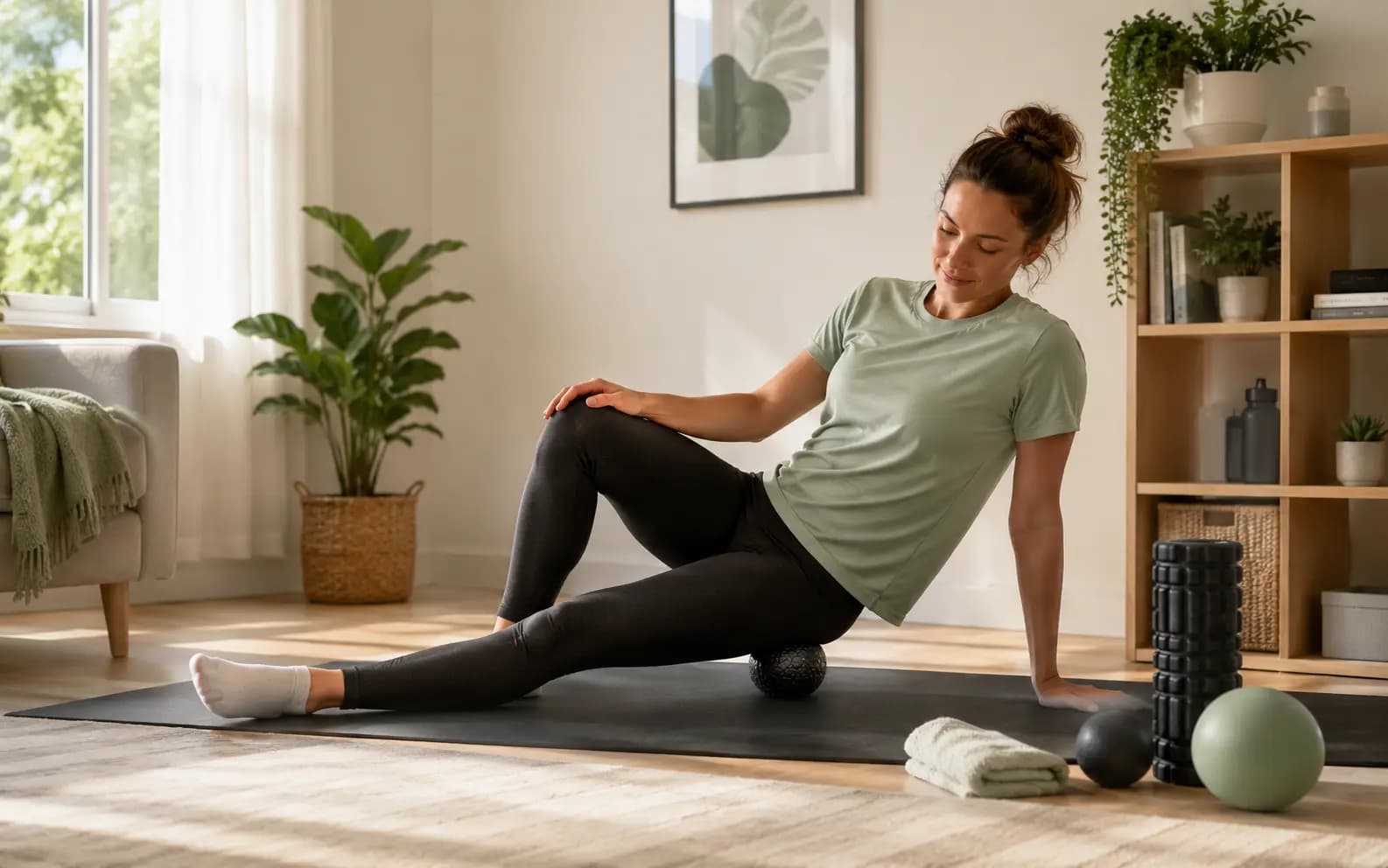 An adult using a mobility ball beside the hip in a home recovery setting