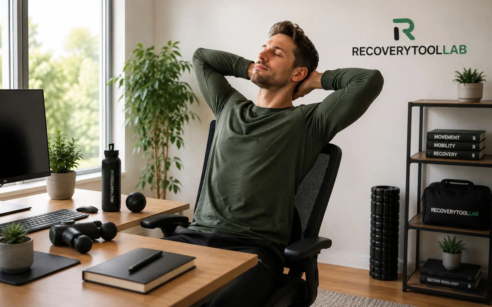 A desk worker taking a movement break